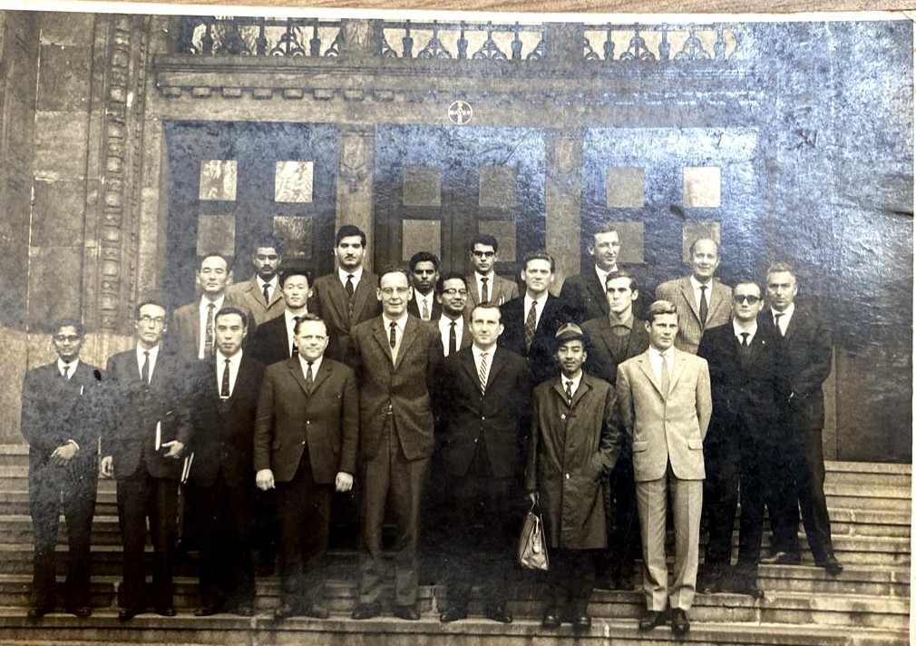 Group photograph on the steps of the Bayer works in Leverkusen, Germany